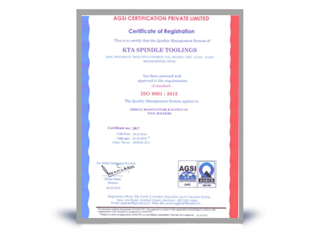 ISO 9001:2015 certificate of registration issued by AGSI Certification
