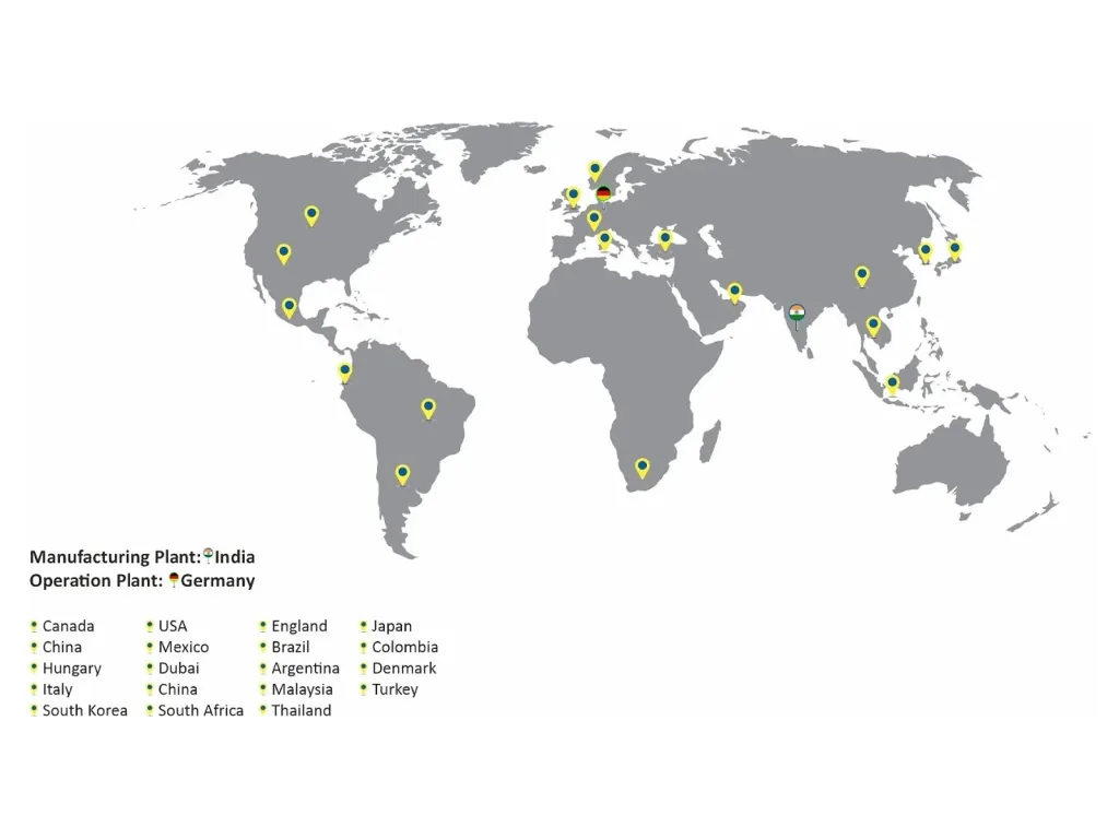 World map of the KTA distributor network — manufacturing in India, operations in Germany